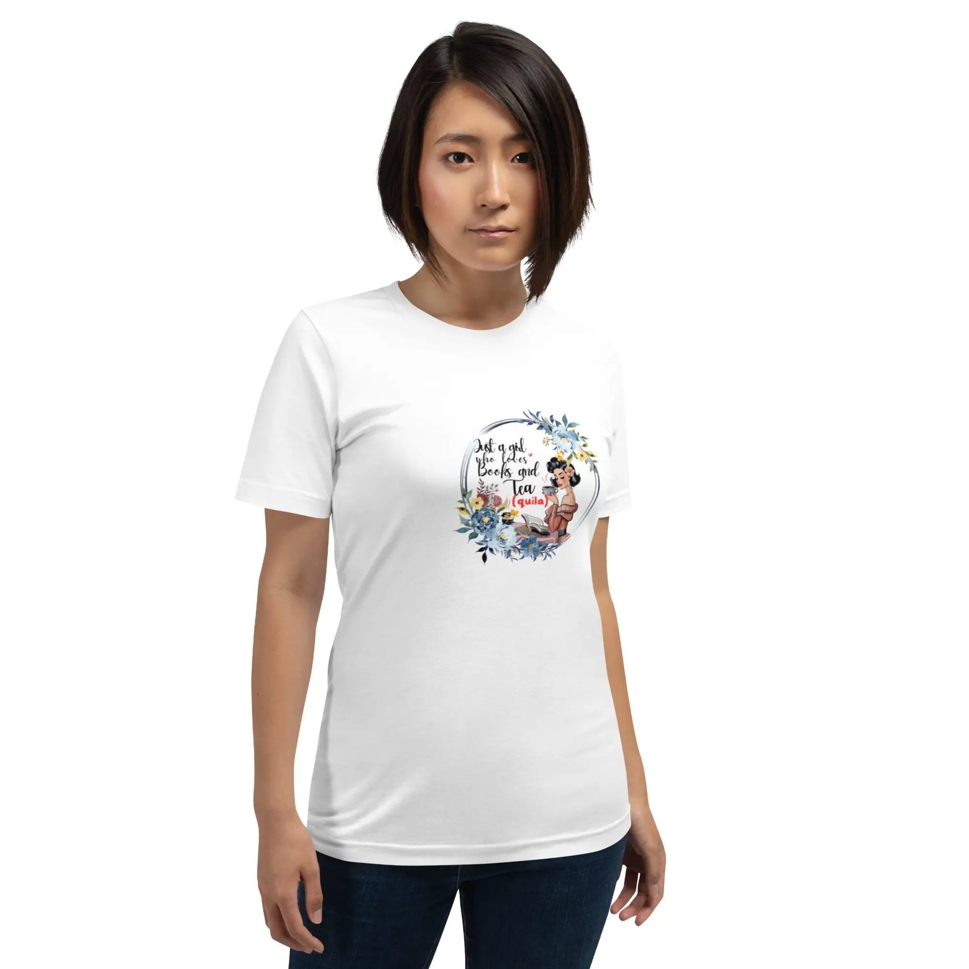 "Just a Girl who Loves Books and Tea - quila" Unisex t-shirt bookish merch - TBRaring