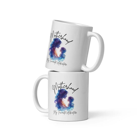 "Motherhood My Favorite Adventure" White Bookishly glossy mug - TBRaring