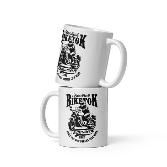"Booktok Biketok Teamwork" White glossy mug in bookish goods - TBRaring