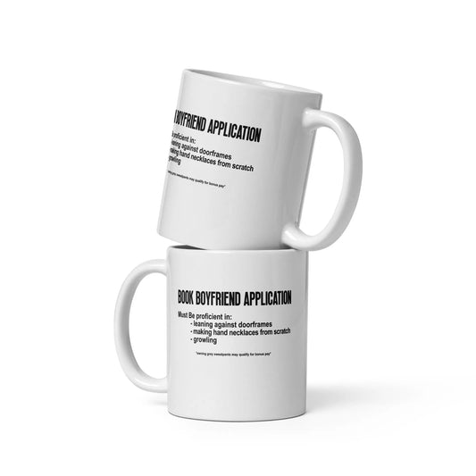 "Book Boyfriend Application" White glossy mug from our bookish shop - TBRaring
