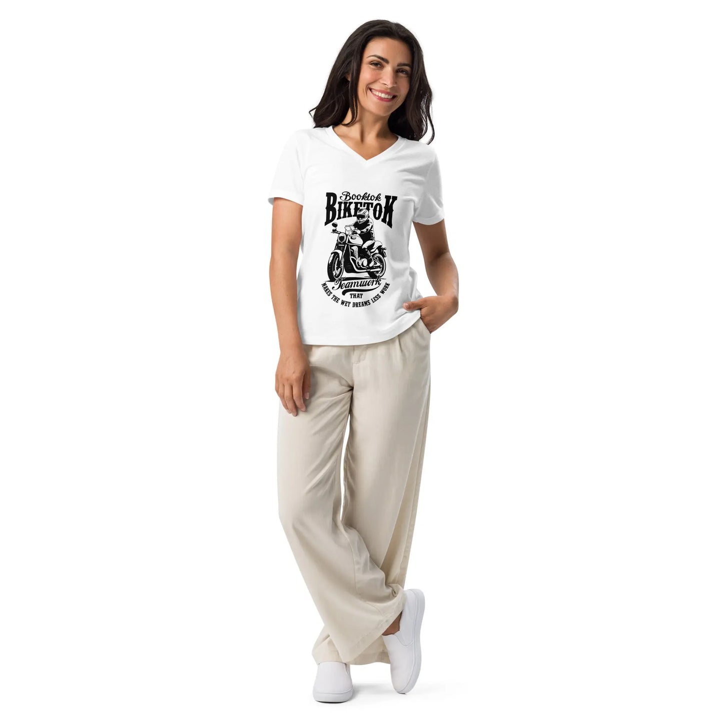 "Booktok Biketok Teamwork" Women’s relaxed v - neck t-shirt Bookish Goods - TBRaring
